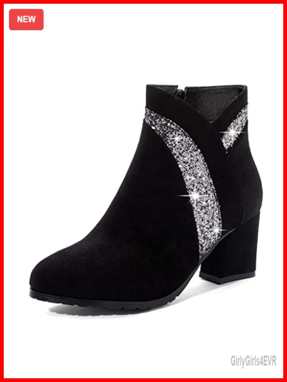 Womens Glitter Ankle Boots Round Toe Side Zipper Chunky High Heel Dress Booties